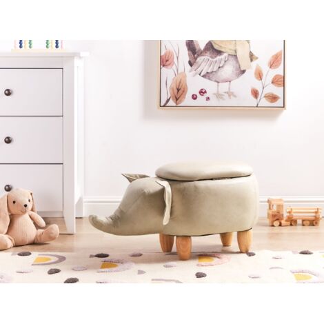 Modern Faux Leather Stool Distressed Upholstery Storage Solid Wood Taupe Elephant