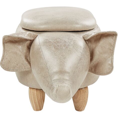 Modern Faux Leather Stool Distressed Upholstery Storage Solid Wood Taupe Elephant