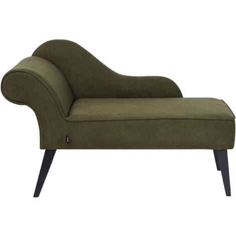 Vintage Left Hand Polyester Fabric Chaise Lounge Upholstery Black Legs Olive Green Biarritz