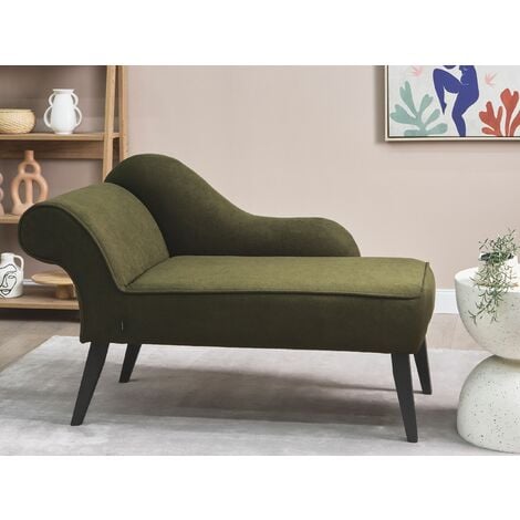 Vintage Left Hand Polyester Fabric Chaise Lounge Upholstery Black Legs Olive Green Biarritz