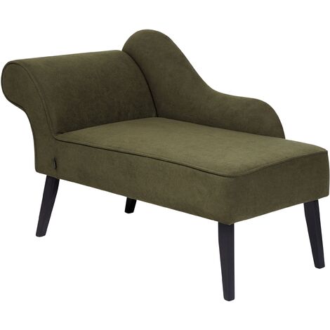 Vintage Left Hand Polyester Fabric Chaise Lounge Upholstery Black Legs Olive Green Biarritz