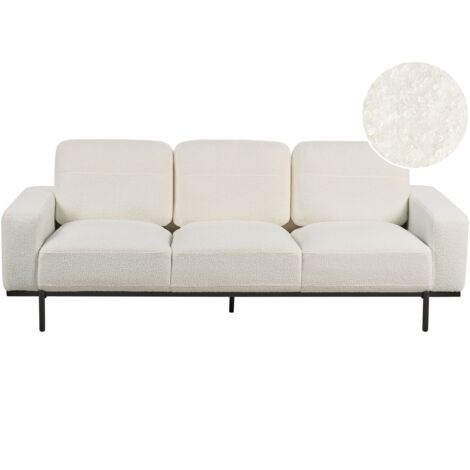 Modern Living Room 3 Seater Sofa Couch Settee Upholstered Boucle Finished Back Black Metal Legs White Sovik