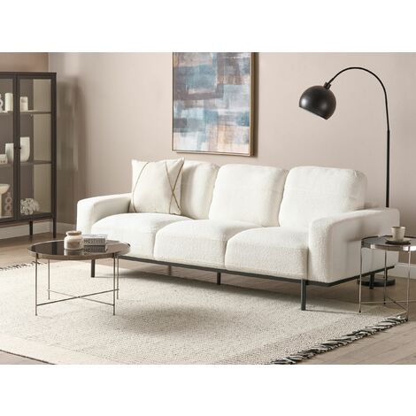 Modern Living Room 3 Seater Sofa Couch Settee Upholstered Boucle Finished Back Black Metal Legs White Sovik