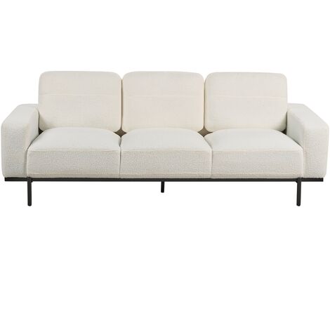 Modern Living Room 3 Seater Sofa Couch Settee Upholstered Boucle Finished Back Black Metal Legs White Sovik