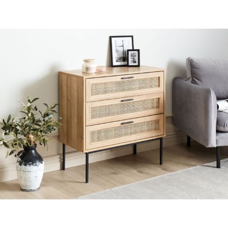 Rattan 3 Drawer Chest Wicker Front Particle Board Metal Frame Legs Boho Style Cabinet Living Room Light Wood Pasco