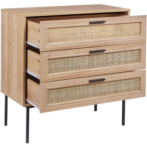 Rattan 3 Drawer Chest Wicker Front Particle Board Metal Frame Legs Boho Style Cabinet Living Room Light Wood Pasco