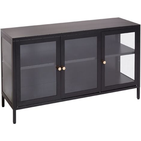 Modern Sideboard Steel Tempered Glass 3 Doors Adjustable Shelves Black Newport