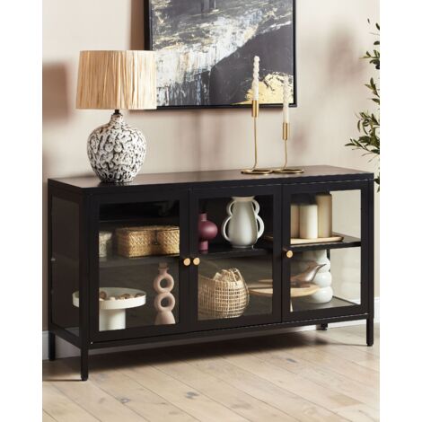 Modern Sideboard Steel Tempered Glass 3 Doors Adjustable Shelves Black Newport