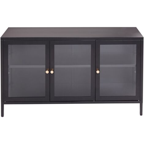 Modern Sideboard Steel Tempered Glass 3 Doors Adjustable Shelves Black Newport