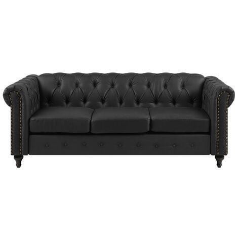 Vintage Faux Leather 3 Seater Sofa Black Buttoned Scroll Arms Chesterfield - Black