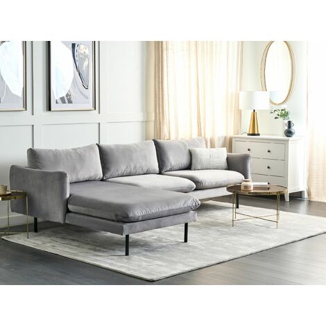Modern Velvet 4 Seater Corner Sofa Padded Seat Grey Fabric Metal Black Legs Vinterbro