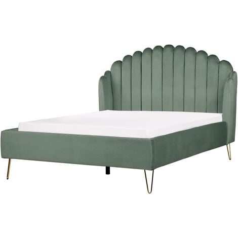 Velvet Bed Frame Shell Headboard EU Double Size 4ft6 Metal Legs Green Ambillou