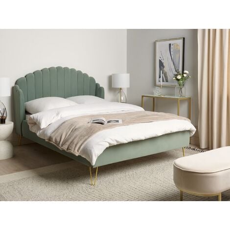 Velvet Bed Frame Shell Headboard EU Double Size 4ft6 Metal Legs Green Ambillou