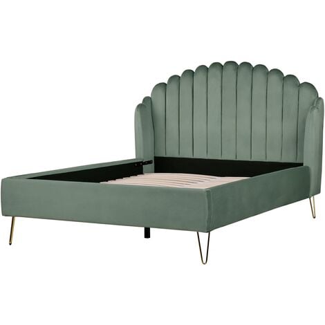 Velvet Bed Frame Shell Headboard EU Double Size 4ft6 Metal Legs Green Ambillou