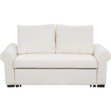 Retro Sofa Bed Polyester Fabric Upholstery Pull-Out 2 Seater Cream Silda