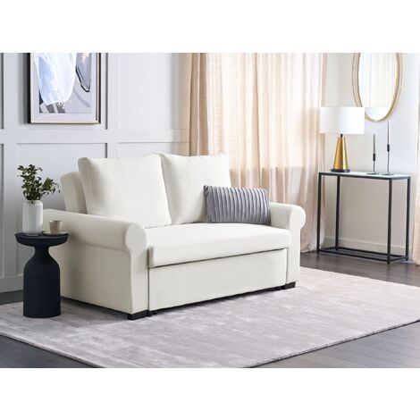 Retro Sofa Bed Polyester Fabric Upholstery Pull-Out 2 Seater Cream Silda