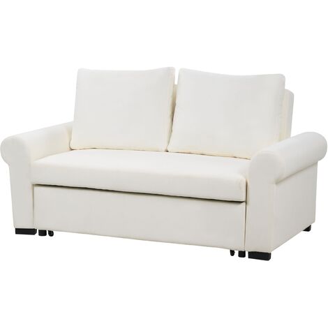 Retro Sofa Bed Polyester Fabric Upholstery Pull-Out 2 Seater Cream Silda