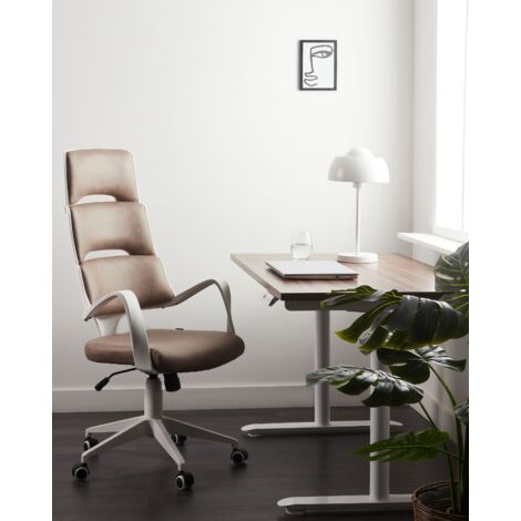 Office Desk Chair Swivel Adjustable Height White and Brown Faux Leather Grandiose