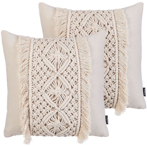 Set of 2 Decorative Cushions KALAM Cotton 45 x 45 cm Light Beige Geometric Pattern (1/5)