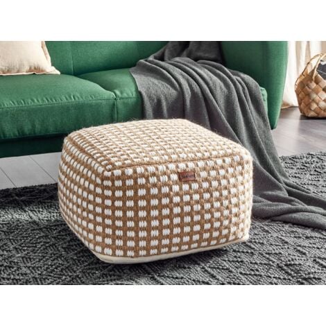 Modern Woven Pouffe Footstool Chunky Handwoven Ottoman Cotton Wool 50 x 50 x 30 cm Beige Chilar