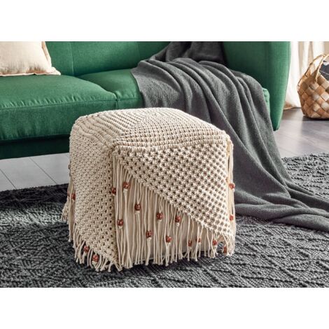 Modern Woven Pouffe Footstool Chunky Handwoven Ottoman Cotton 40 x 40 x 40 cm Beige Dandai