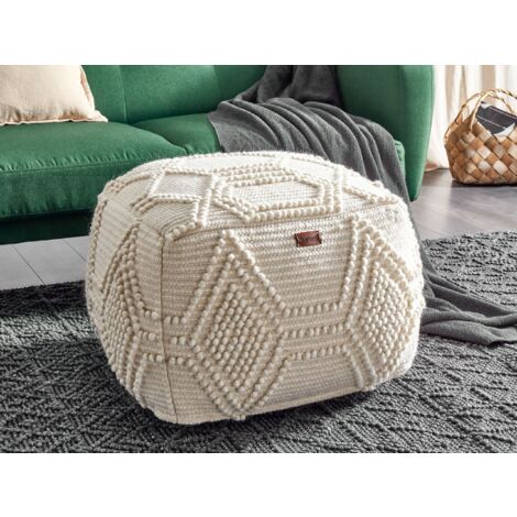 Modern Woven Pouffe Footstool Chunky Handwoven Ottoman Wool 60 x 60 x 40 cm Beige Choim