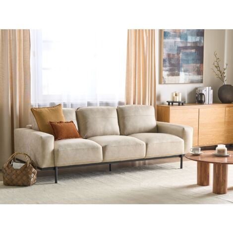 Modern Living Room 3 Seater Sofa Settee Upholstered Fabric Finished Back Metal Legs Beige Sovik