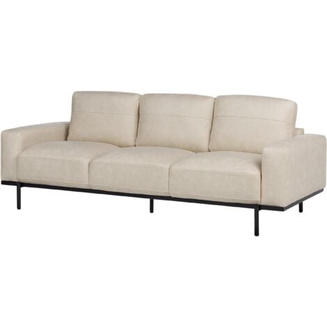 Modern Living Room 3 Seater Sofa Settee Upholstered Fabric Finished Back Metal Legs Beige Sovik