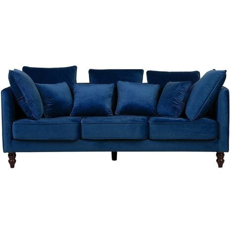 Modern Velvet Fabric Sofa 3 Seater Loose Pillows Back Blue Fenstad - Blue