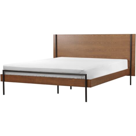 Modern EU King Size Bed Frame 5ft3 MDF Headboard Slatted Metal Frame Legs Dark Wood Libermont