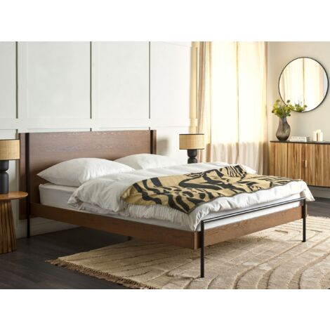 Modern EU King Size Bed Frame 5ft3 MDF Headboard Slatted Metal Frame Legs Dark Wood Libermont