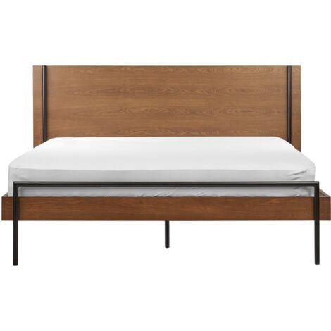 Modern EU King Size Bed Frame 5ft3 MDF Headboard Slatted Metal Frame Legs Dark Wood Libermont