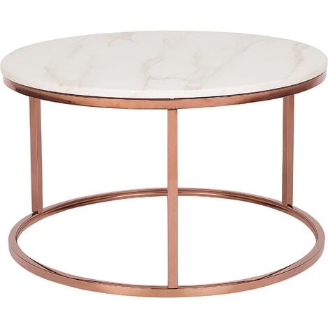Modern Coffee Table White Marble Finish MDF Top Metal Copper Base Coral - White