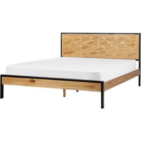 Modern EU King Size Bed Frame 5ft3 MDF Headboard Slatted Metal Frame Legs Light Wood Ervillers