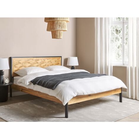 Modern EU King Size Bed Frame 5ft3 MDF Headboard Slatted Metal Frame Legs Light Wood Ervillers