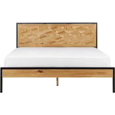Modern EU King Size Bed Frame 5ft3 MDF Headboard Slatted Metal Frame Legs Light Wood Ervillers