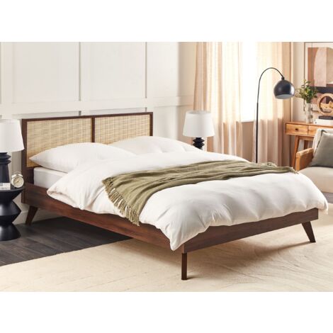 Boho EU Super King Size Bed Base 6ft Rattan Headboard Dark Wood Monpazier