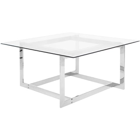 Modern Coffee Table Clear Tempered Glass Square Tabletop Metal Silver Base Crystal - Silver