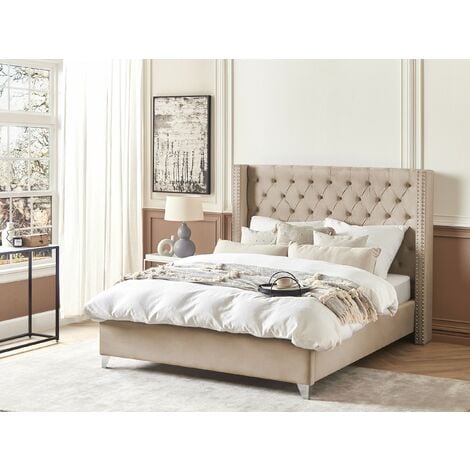 EU King Size Velvet Bed Frame 5ft3 Beige Buttoned Nailhead Trim Slatted Lubbon