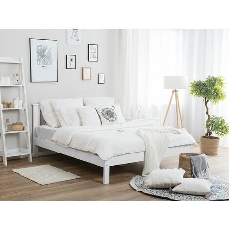 Modern EU Double Size Wooden Bed Frame 4ft6 White Headboard Slats Tannay