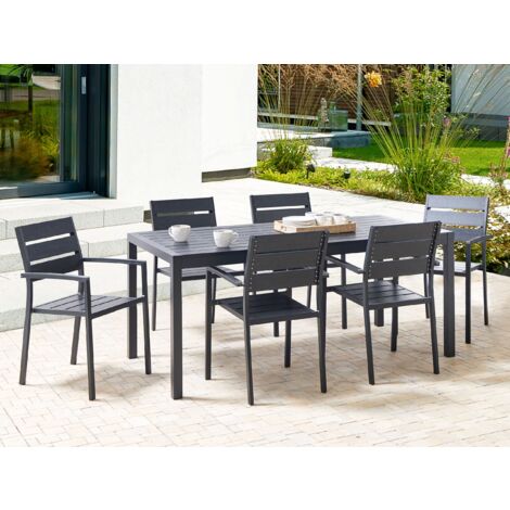 7 Piece Garden Dining Set Chairs and Table Plastic Wood Aluminium Black Vernio