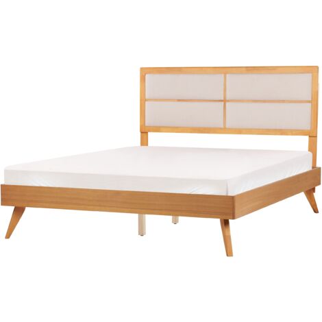 Modern EU King Size Bed Frame 5ft3 Upholstered Headboard Light Wood Poissy