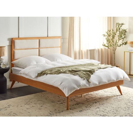 Modern EU King Size Bed Frame 5ft3 Upholstered Headboard Light Wood Poissy