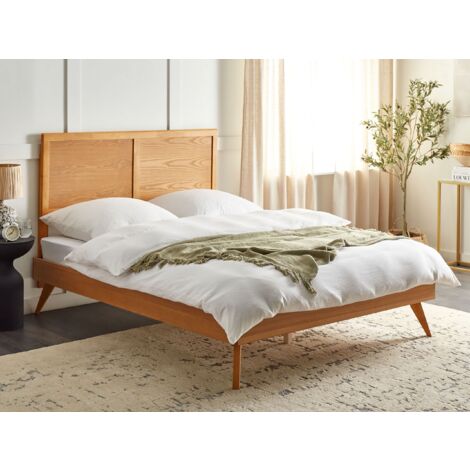 Modern EU King Size Bed Frame 5ft3 MDF Headboard Slatted Frame Light Wood Istres