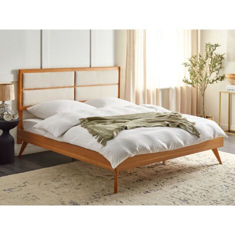 Modern EU Super King Size Bed Frame 6ft Upholstered Headboard Light Wood Poissy