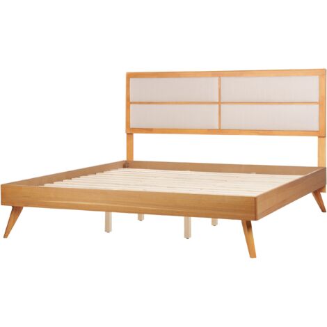 Modern EU Super King Size Bed Frame 6ft Upholstered Headboard Light Wood Poissy