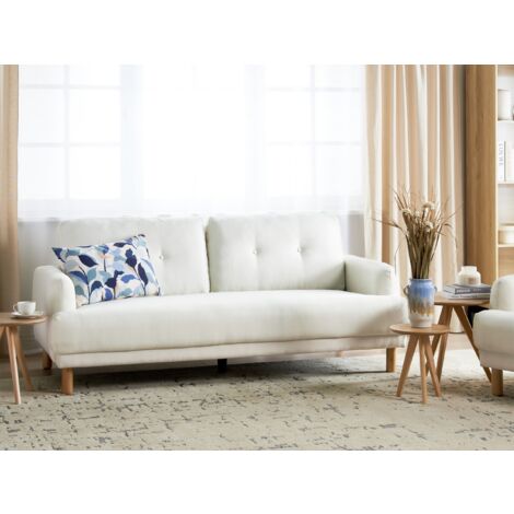 Retro Fabric 3 Seater Sofa Loveseat Couch Upholstered Wooden Legs Polyester Thick Seat Off-White Tuve