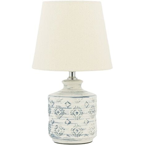 Modern Table Lamp Bedside Light Fabric Shade Ceramic Base Beige and Blue Rosanna