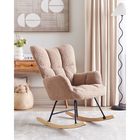 Modern Rocking Chair Boucle Fabric Upholstery Wooden Rockers Sand Beige Oulu