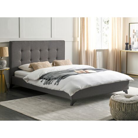 Modern Fabric EU Double Size Bed Frame 4ft6Tufted Headboard Grey Ambassador